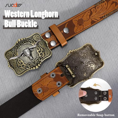 SUOSDEY Women Western Leather Belt, Cowboy Cowgirl Belt for Jeans Pants Longhorn Bull Big Buckle Belt3