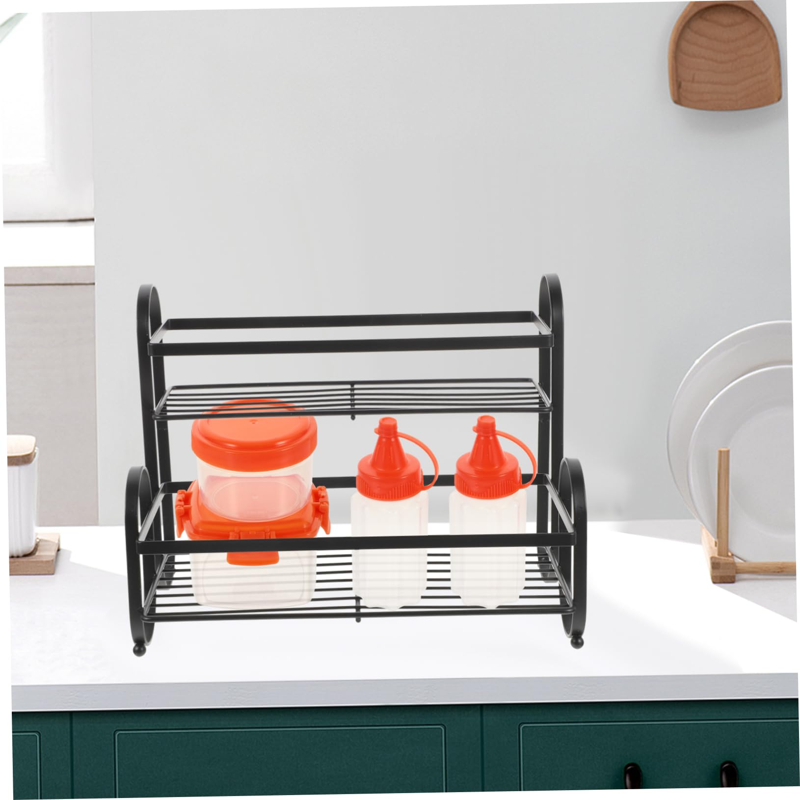 Organizer da Cucina in Ferro Nero a Doppio Strato, Scaffale per Spezie Salvaspazio, Porta Spezie Robusto Saldatura Sicura, per Ripiano Cucina