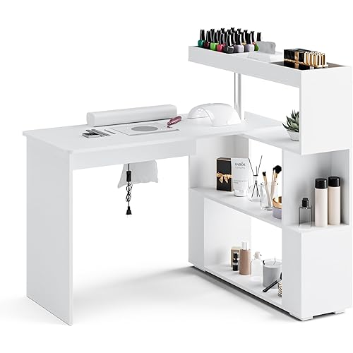 Manicure Table, L-Shaped Nail Tech Desk with Dust Collector, Reversible Rotating Table & Storage Shelf, Acetone Resistant Beauty Salon Station, White