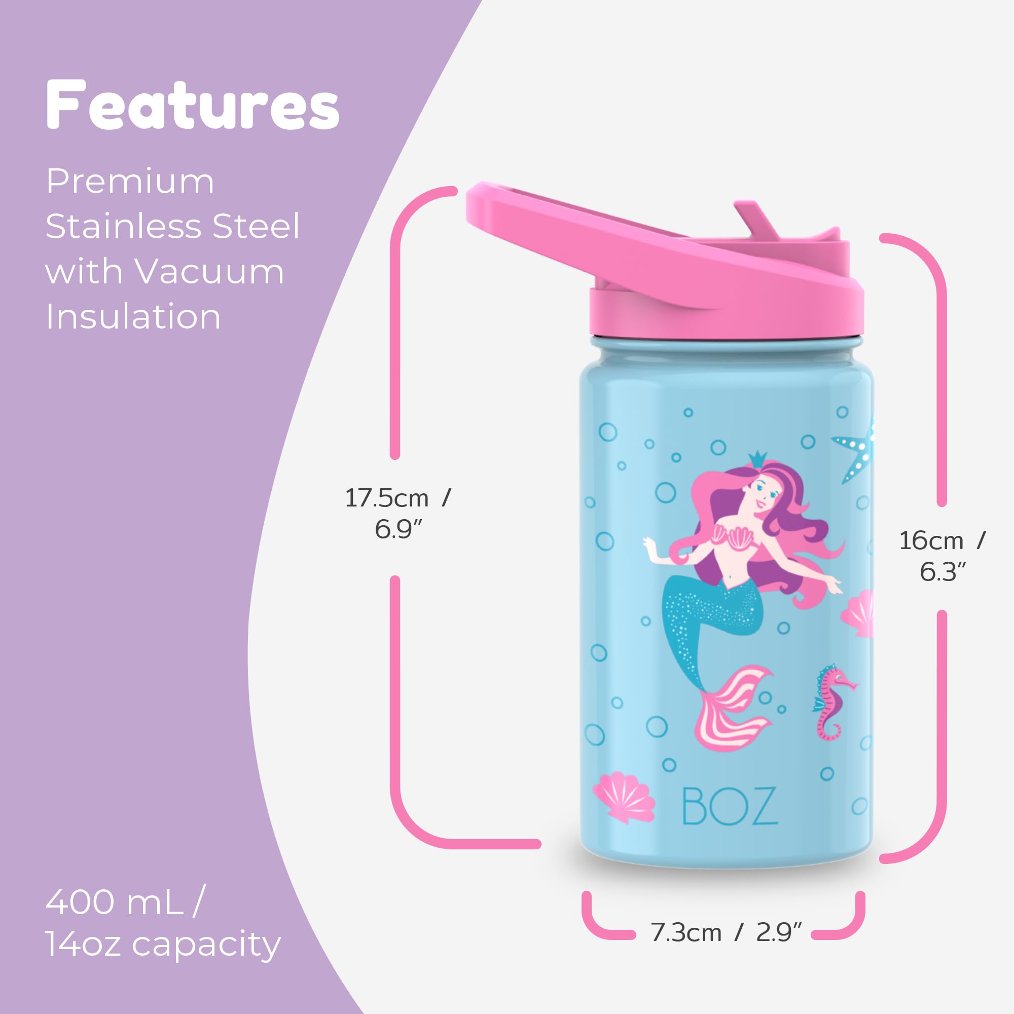 BOZ Kids Insulated Water Bottle with Straw Lid, Two-Pack Bundle, Unicorn/Mermaid - Image 2