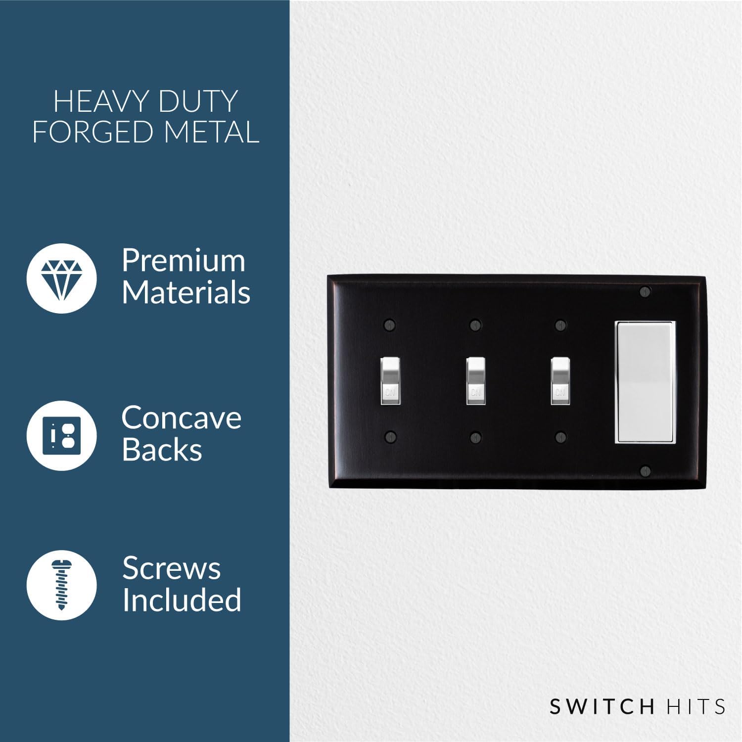 Triple Light Switch Plate Outlet Cover GFCI Decorative Wall Plate | 3 Toggle - 1 Rocker Oil Rubbed Bronze Electrical Faceplate | Hand Polished Brass Construction | 4 Gang, 8.25" W x 4.5" H