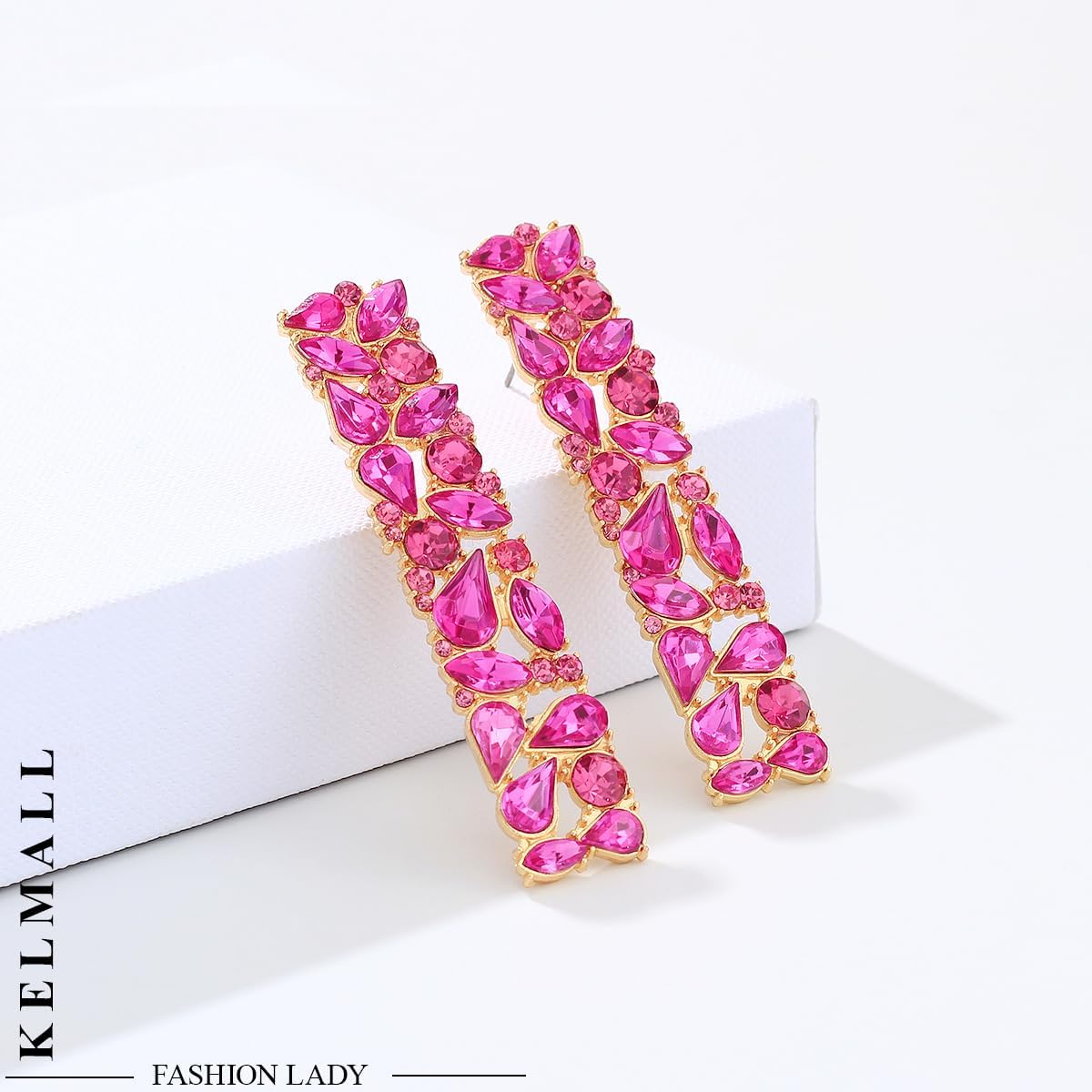 KELMALL Elegant Rhinestone Rectangle Earrings Trendy Crystal Geometric Drop Dangle Statement Earrings for Women - Image 4