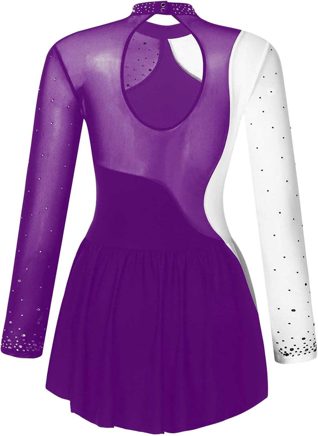 Vxuxlje Women's Mesh Long Sleeve Figure Skating Dress Rhinestone Lyrical Ballet Dance Costume