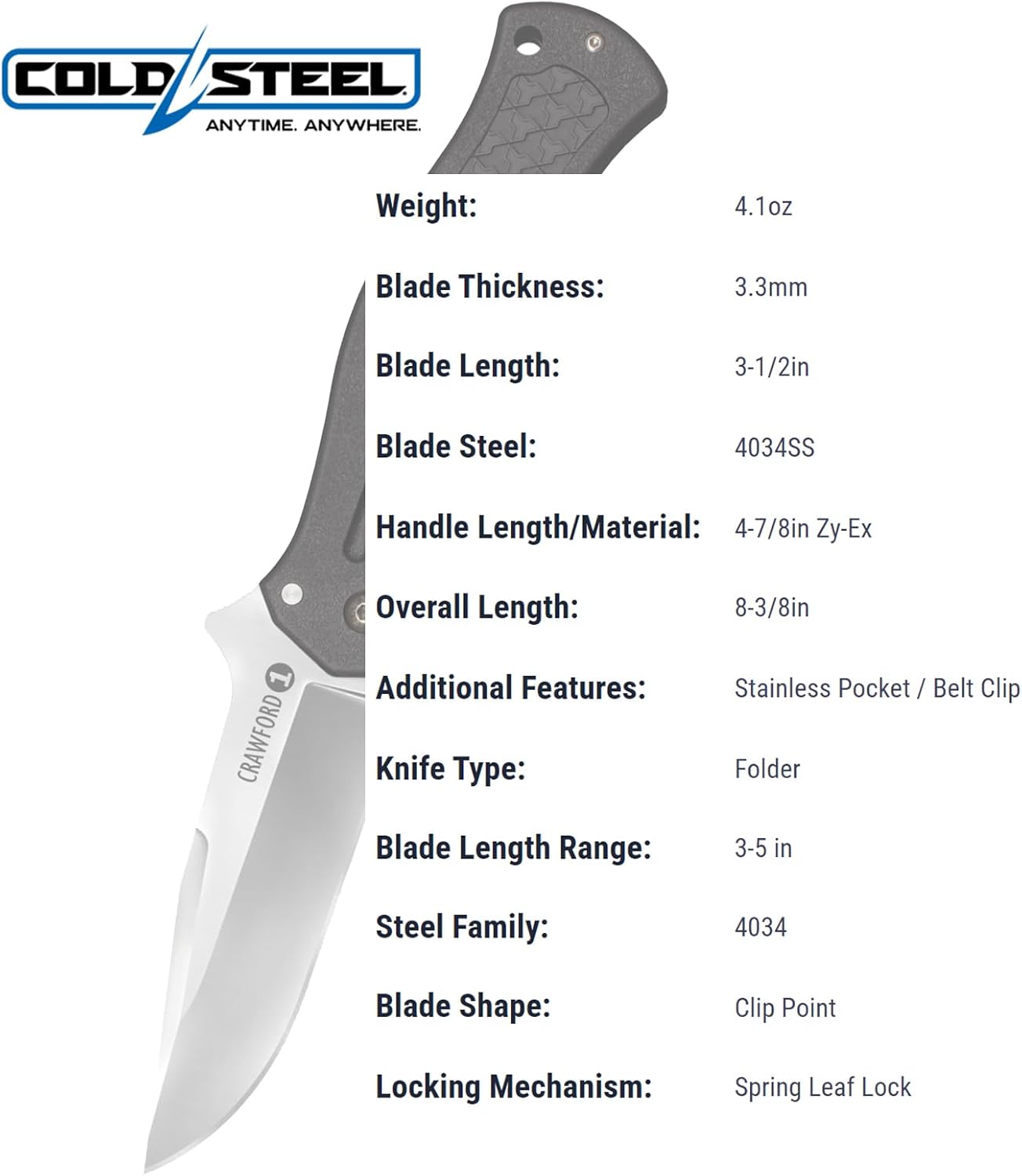 COLD STEEL Crawford Model 1 3.5" 4034SS Clip Point Blade 4.875" Zy-Ex Handle Tactical Folding Knife with Spring Leaf Lock