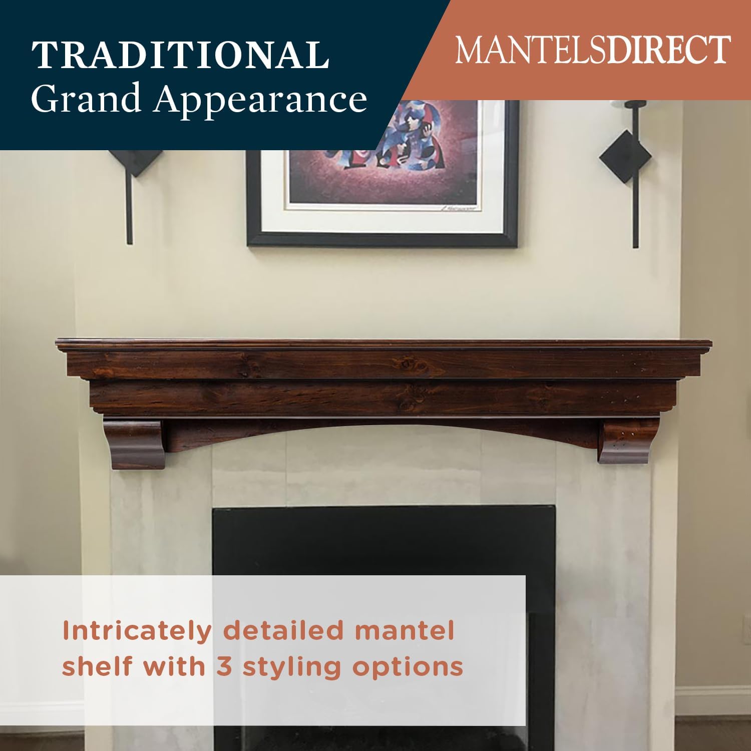 MANTELSDIRECT Mantels Direct Salem Wood Mantel Shelf with Arched Corbels - Cherry 60 Inch | Wooden Rustic Wall Mounted Shelf from Pine Wood - Perfect for Fireplaces, TVs & Décor