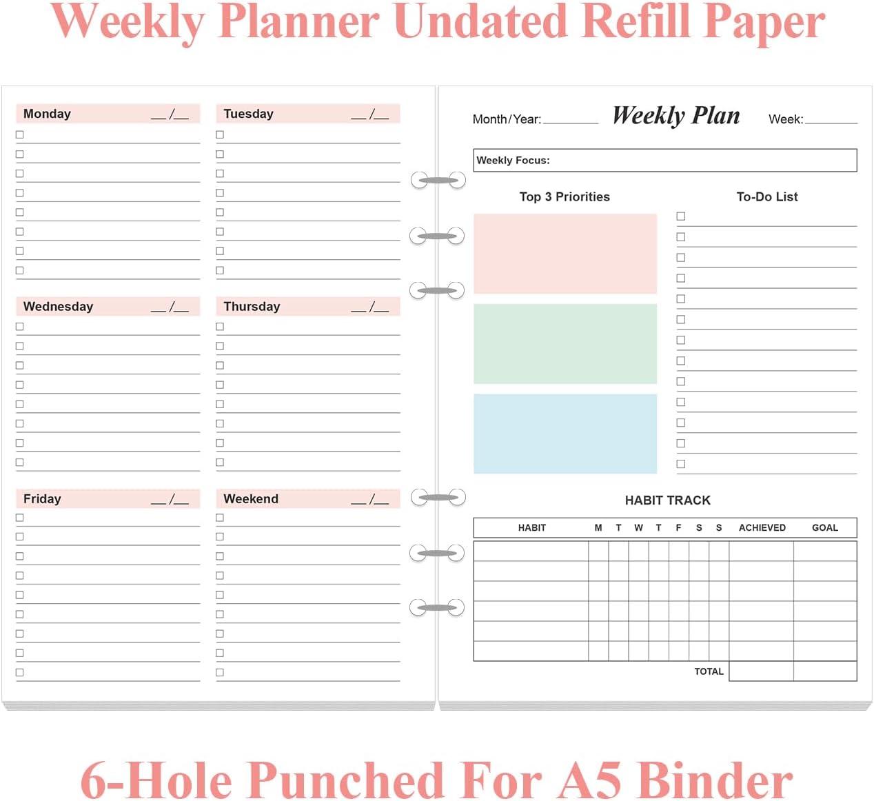 (2-Pack) Weekly Planner Refills for A5 Binders - 106 Sheets/212 Pages Undated Colorful Weekly Planner, 6-Hole Punched, 100 gsm White Paper, Lasts 1 Year, Undated, 5.8" x 8.3" image 2