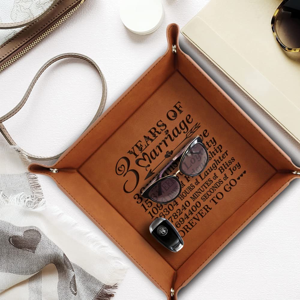 Bella Busta- 3 Years of Marriage-Forever to go-Engraved Leather Tray with Breakdown Dates-Storage & Organization Jewelry Trays (Rawhide 9x9 (Marriage))
