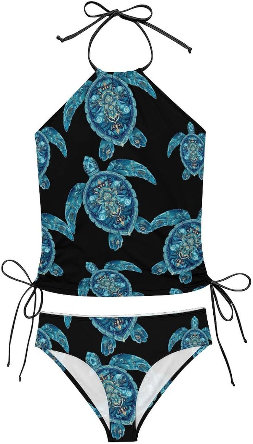 Sea Turtle Boho Turquoise Women Tankini 2 Piece Swim Bathing Suits | tummy control,high neck top with bottom,swimwear,swimsuits