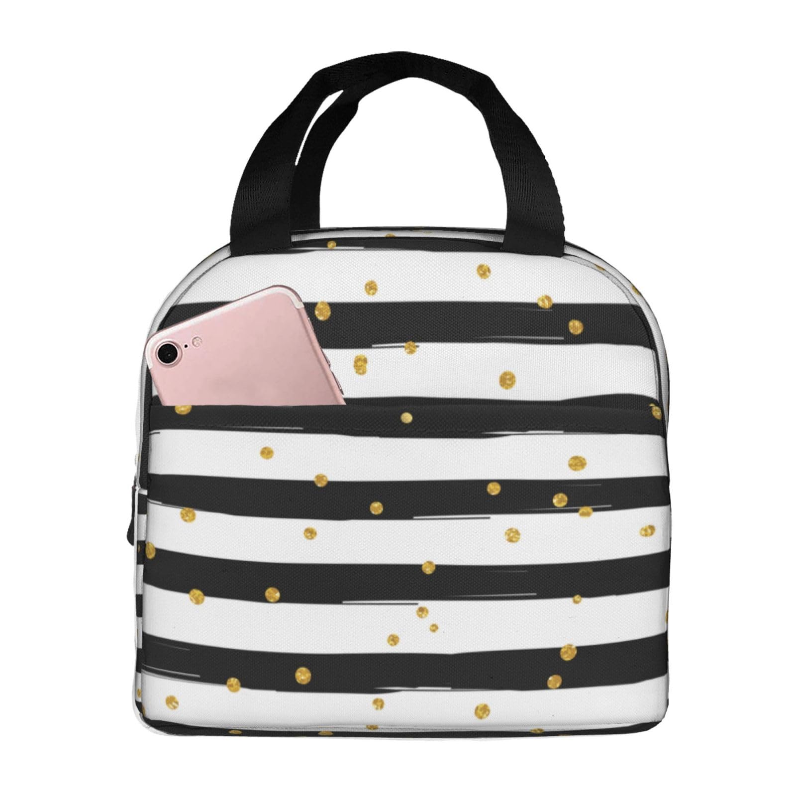 Black White Stripes Lunch Bag Compact Tote Bag Golden Polka Dots Reusable Lunch Box Container For Women Men School Office Work