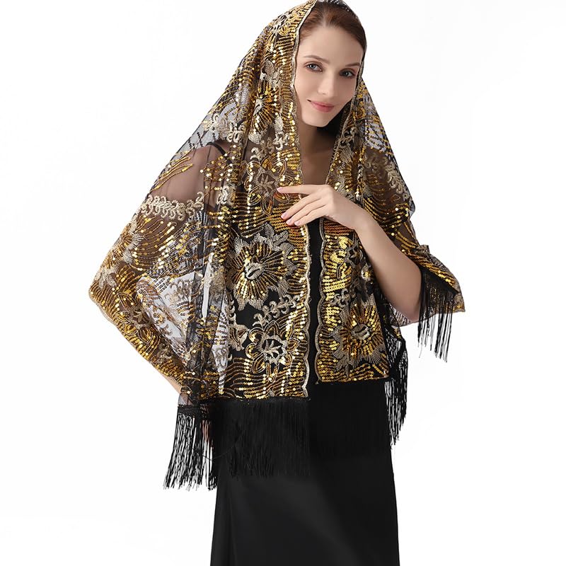 Greenery-GRE Womens Floral Sequin Evening Shawl Wrap with Fringe Mesh Scarf Formal Dress Cover Up for Wedding Party Prom3