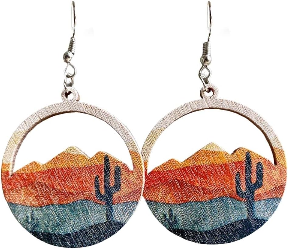 Handmade Boho Nature Wooden Mountain Dangle Drop Earrings Lightweight Wood Hollow Teardrop Hook Earring Tree Cactus Pattern Statement Earring Outdoor Enthusiast Jewelry Gifts