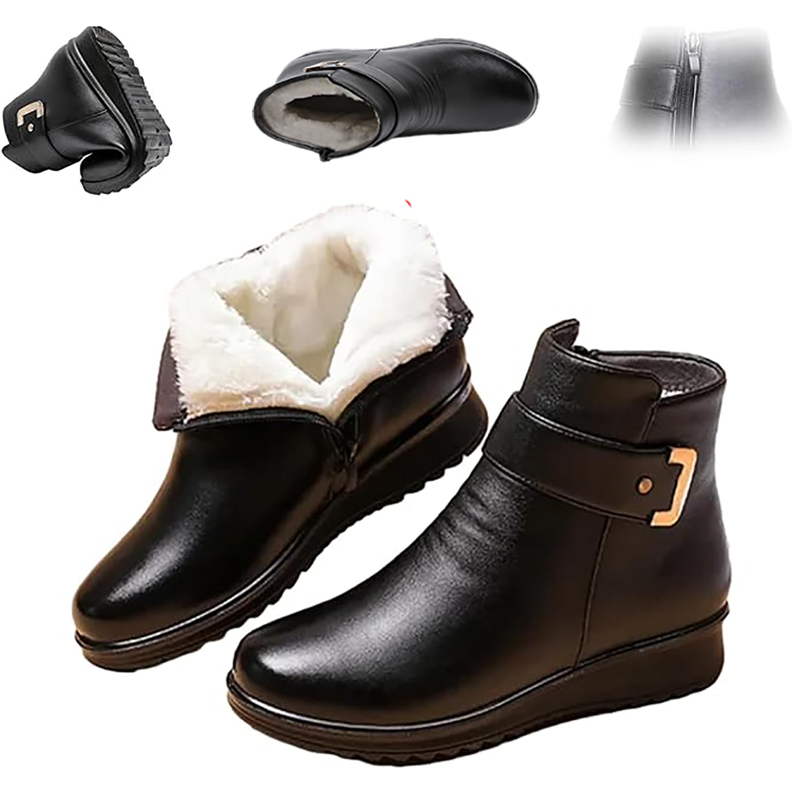 Womens Metal Buckle Genuine Leather Wool Orthopedic Boots Winter Warm Slip On Fur Lined Snow Boots with Side