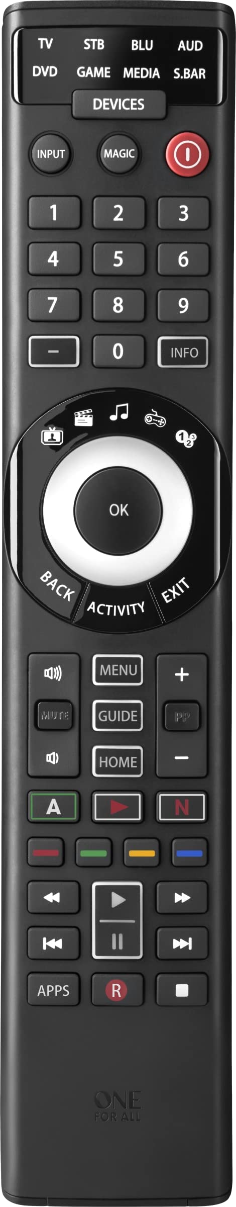 One for All URC7880 Universal Smart Remote Control up to 8 Devices with Free Setup App - Easy Learning Feature - Infrared Connectivity Technology and 3 Shortcut App Keys – Black by One For All - Used condition - US$36.86