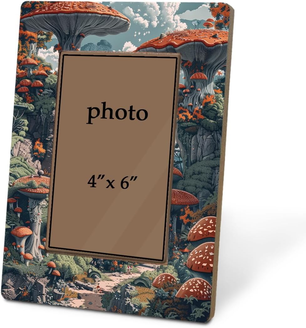Mushroom Forest Photo Frame, Whimsical Wooden Picture Holder for 4x6 Inch Print, Funny Picture Display Decor for Kids Room Nursery Bookshelf Table Top