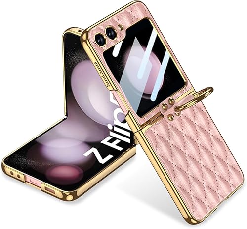 Miniatura 14 de SHIEID Z Flip 6 - Funda de piel para Galaxy Z Flip 6 con marco galvanizado, soporte de anillo, forro de esponja y diseño en forma de diamante para