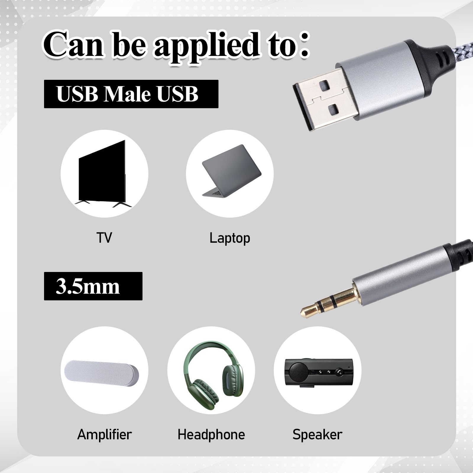 Adattatore da USB a jack audio da 3,5 mm, cavo audio AUX da 3,5 mm, cavo audio stereo, convertitore AUX intrecciato in nylon per cuffie, altoparlanti, PC, laptop, non applicabile per ricarica