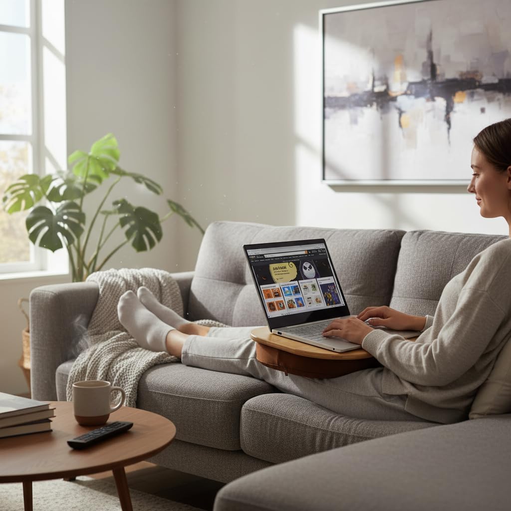 Lap Desk for Laptop with Cushion-Fits up to 15 inch, Bamboo Computer Laptop Stand with Phone Hoder, Anti-Slip Stopper