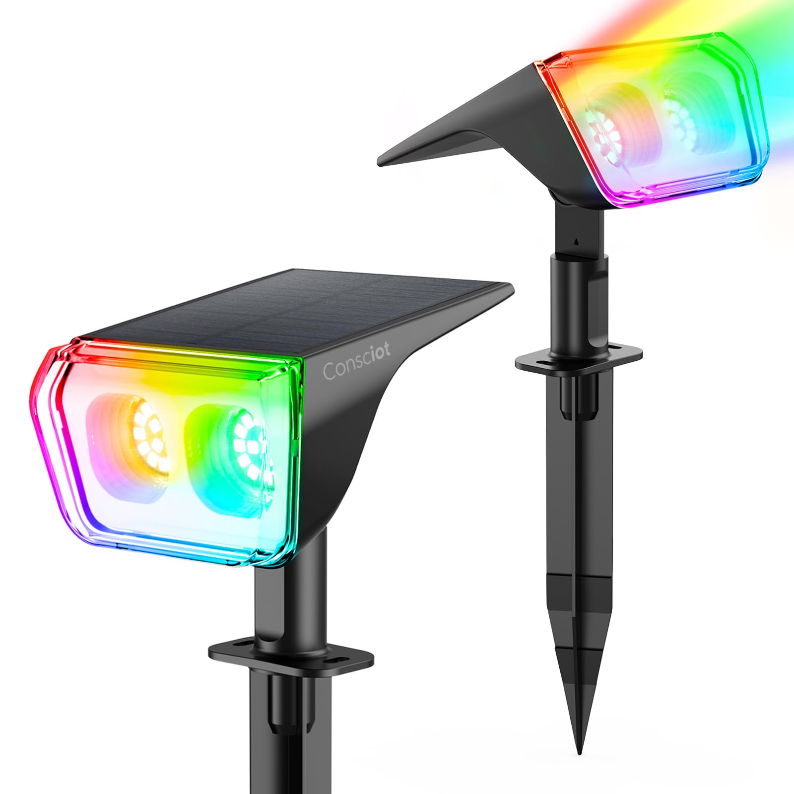 Consciot Solar Spot Lights Outdoor, 30 LEDs Waterproof Color Changing Solar Lights, 2 in 1 Adjustable Wall Lights, 10 Colors, D2D Modes Solar Landscape Spotlights for Garden Yard Walkway, 2 Pack