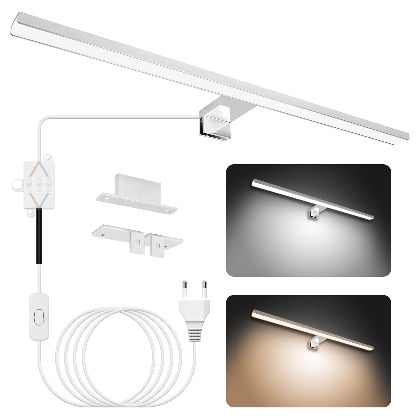 NIORSUN LED Lampara Espejo Baño 15W 60cm Temperatura de Color Dual 4000K 6000K, 1500lm Lampara Baño, Apliques Espejo de Baño Impermeable IP44, Se Pueden Instalar en Espejos/Gabinetes/Paredes