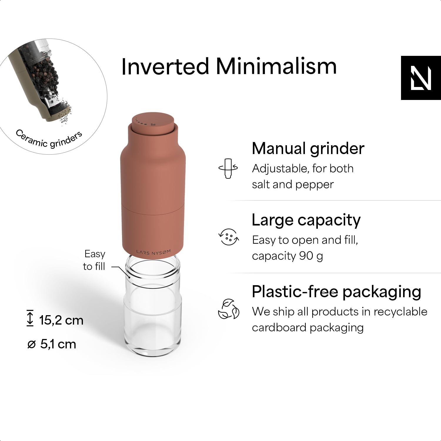 LARS NYSdiameter M Salt and Pepper Grinder Set Stainless Steel with Adjustable Grinder I Bottle Design Spice Mills Set Manual (Red/Brown) - Image 4