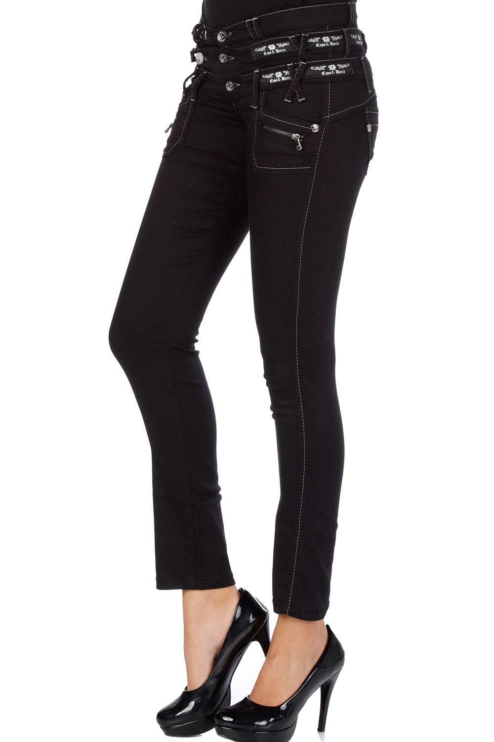 Cipo & Baxx Damen Jeanshose – Damenjeans mit Used Look & Destroyed Style, Modische Hose mit Patches, Nieten & Zierdetails
