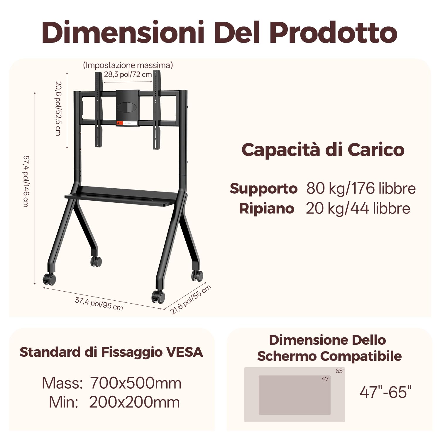 JAV Smart Board Stand con Ruote per Lavagna Interattiva 47-65 Pollici Supporto Mobile, Ideale per Uffici e Aule Moderni