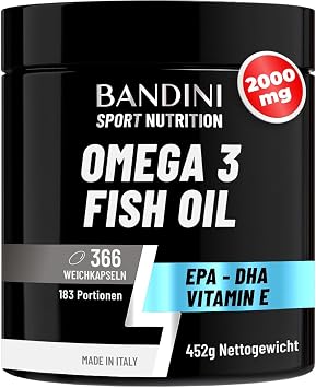 Bandini Omega 3-366 Softgels 2000 mg Pure Fish Oil with 600 mg EPA DHA With bioactive triglycerides fatty acids for heart and brain 2 softgels/day for 6 months supply high dose GMO-free