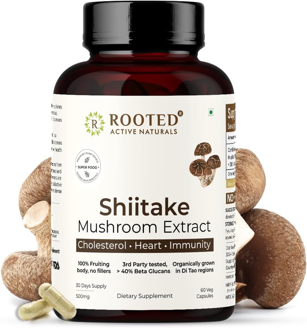Rooted Shiitake Mushroom 60 Capsules 500 mg | Supports Healthy Cholesterol & Helps BP Levels |Immunity, Heart, Skin & Hair Health & Weight Control