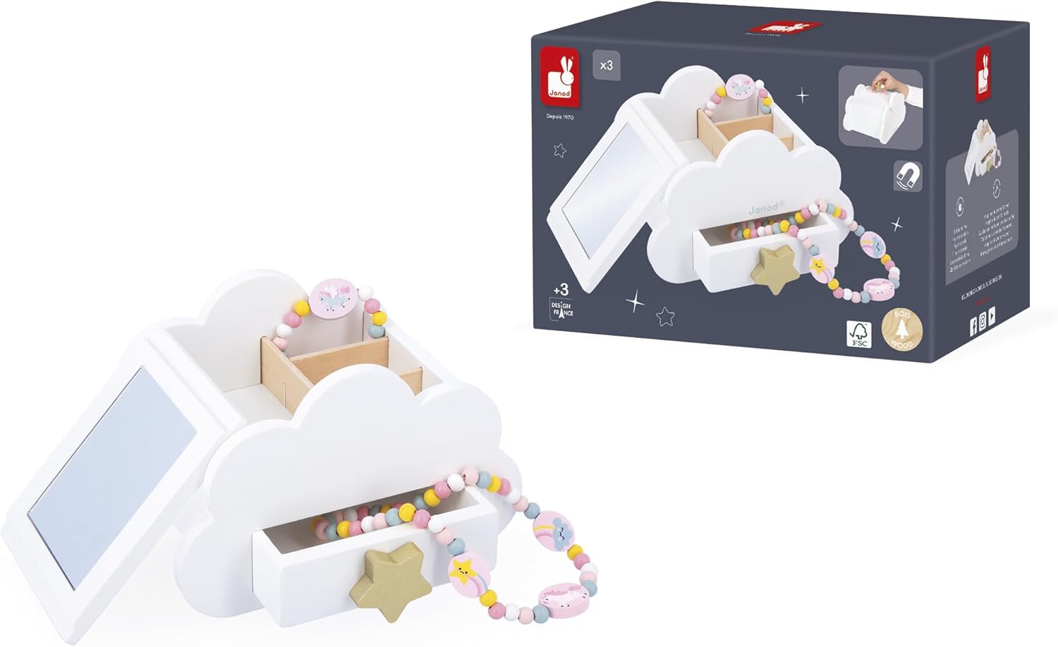 Janod - J06462 Jewellery Box with Secret Openings - Comes with 1 Bracelet and 1 Necklace on the Unicorn Theme - with Drawer and Mirror - 17 cm x 11 cm - Ideal Birthday Gift - Suitable for Ages 3 and