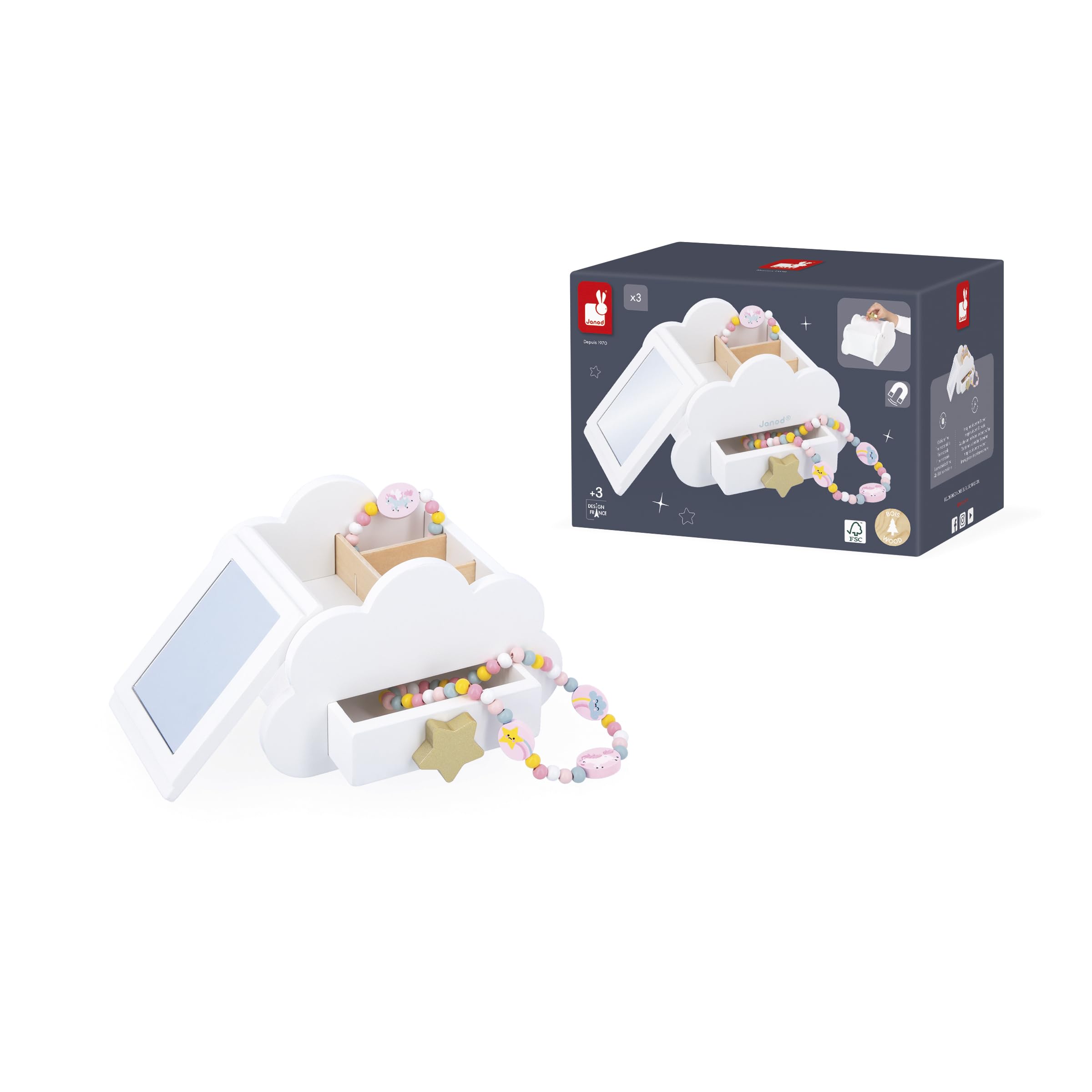 Janod Joyero con Aberturas Secretas - Viene con 1 Pulsera Unicornio y 1 Collie Unicornio - con Cajón y Espejo - 17cm x 11cm - óptimo Regalo de Cumpleaños - A Partir de 3 Años - J06462