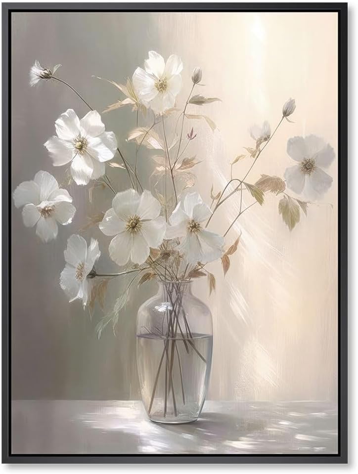 daktenn Black Framed Wall Art Floral Canvas Wall Art Decor for Bathroom Wall Art Bedroom Framed Artwork Bathroom Pictures Wall Decor(Black Framed, 18x24) 24"L x 18"W Black Framed White Flower Canvas