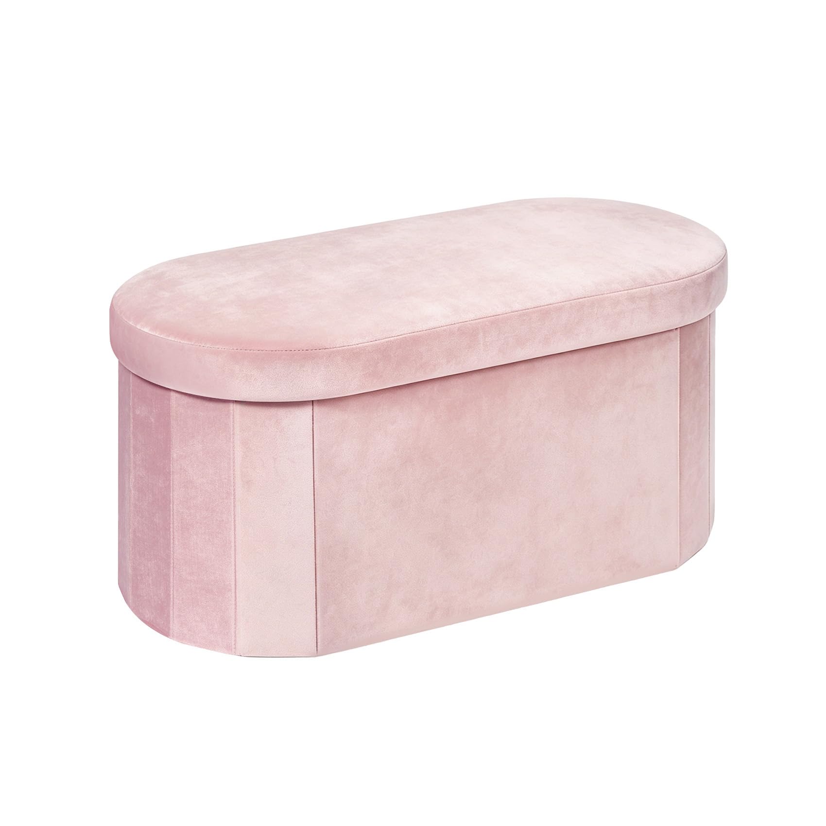 Bonlife Velvet Ottoman Storage Bench, Foldable Storage Chest with Lid,Oval Footstool for Living Room Bedroom Hallway, 76x38x38cm, Pink