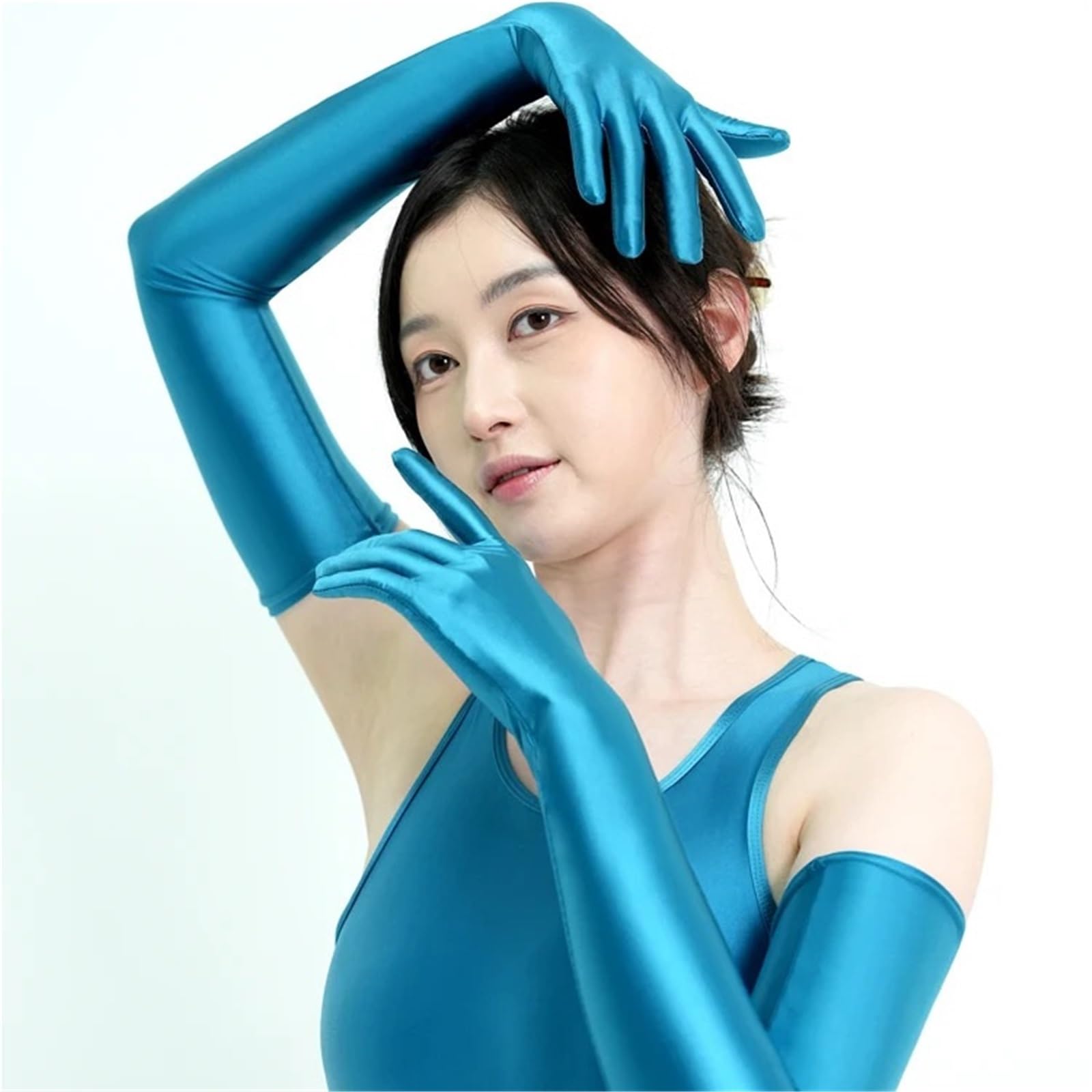 Guantes Largos De Satén Guantes de satén con Dedos conectados, Brillantes, elásticos, Largos, Ropa de Discoteca, Guantes de Vestir(Blue2,M)