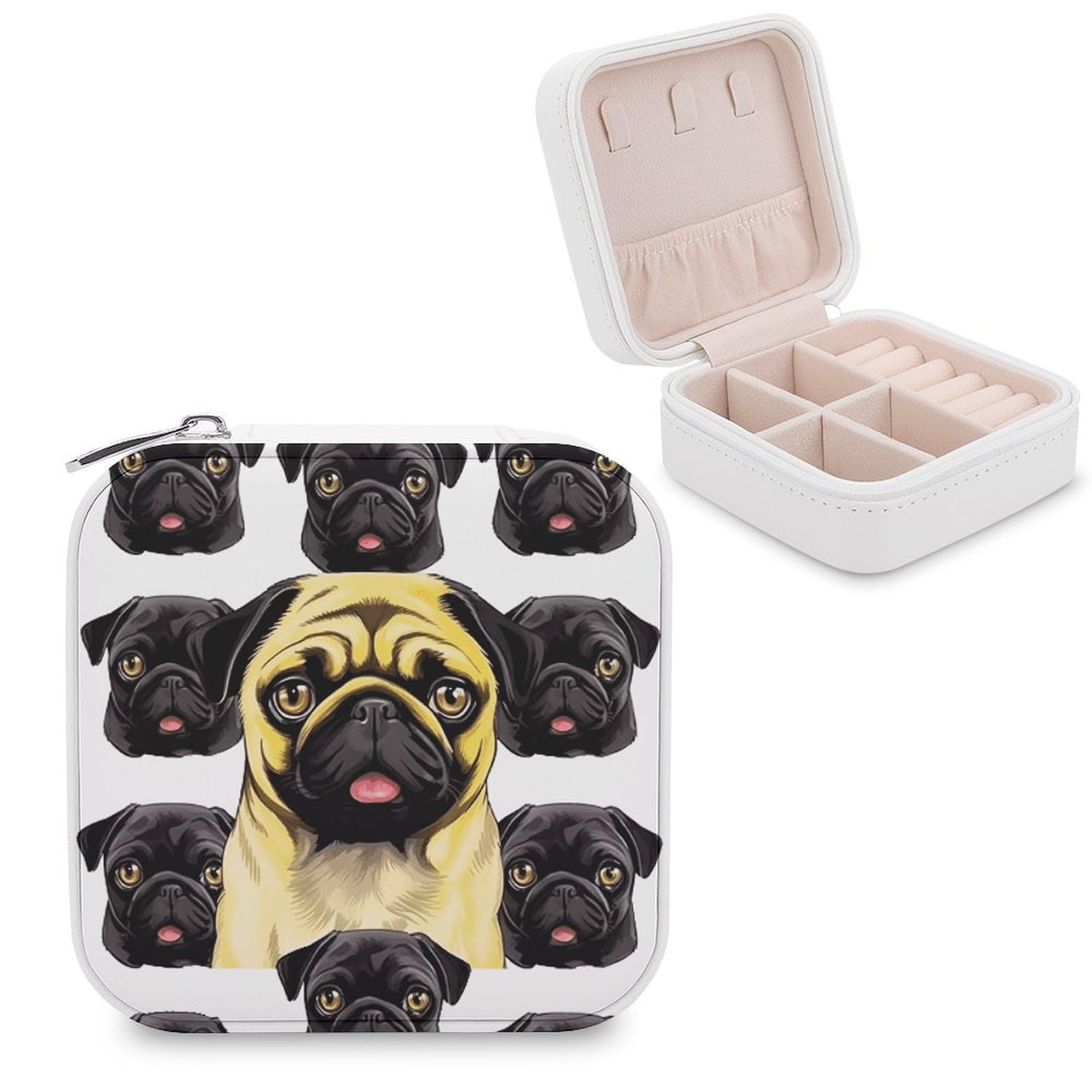 VstaDank Black Yellow Pug Jewelry Box Portable Mini Travel Case Display Storage Holder Boxes PU Leather Small Jewelry Organizer for Women for Stud Earrings Rings Necklaces Bracelets