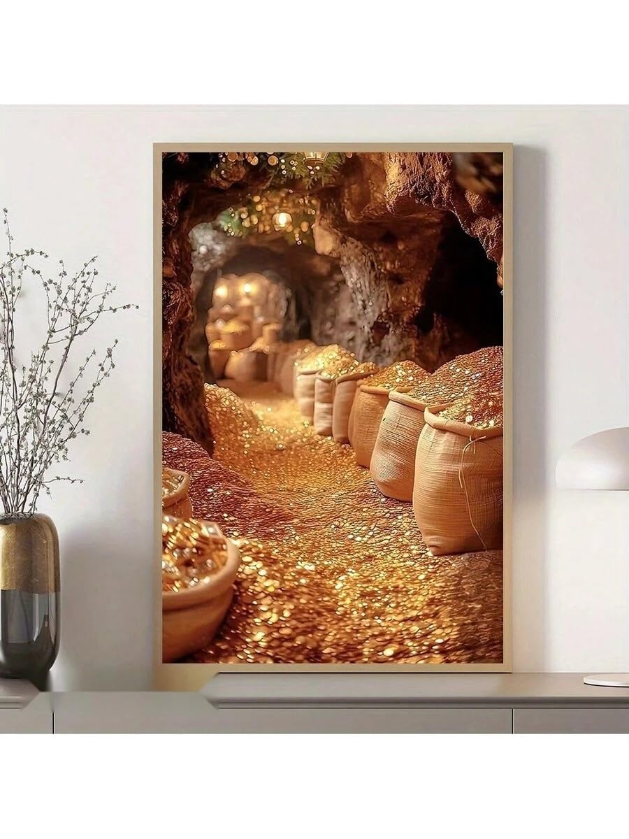 lianyibo Inspirujący złoty obraz na płótnie, obraz olejny do salonu, sypialni, biura (60 x 90 cm, ramka wewnętrzna)