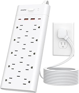 Power Strip Surge Protector Outlet Extender with 14 Outlets and 4 USB Ports (2 USB C), 10 Ft Extension Cord & Flat Plug, 1700 Joules, Wall Mount for Home, Office, Dorm, White