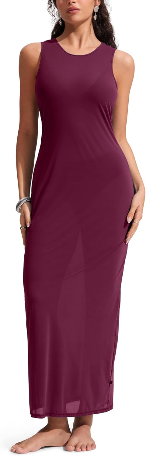 CRZ YOGA Mesh Maxi Cover Up Dress for Women - Sleeveless Swim Bathing Suit Beach Coverups with Back Slit