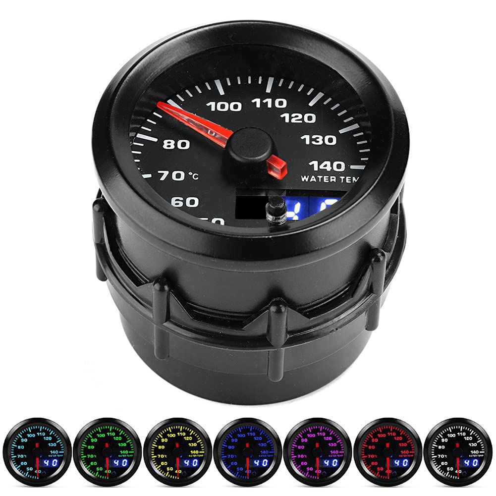 Misuratore della temperatura dell'acqua da 52 mm e 2 pollici con sensore per veicoli a 12 Volt, display a LED a 7 colori, indicatore digitale della temperatura dell'acqua,