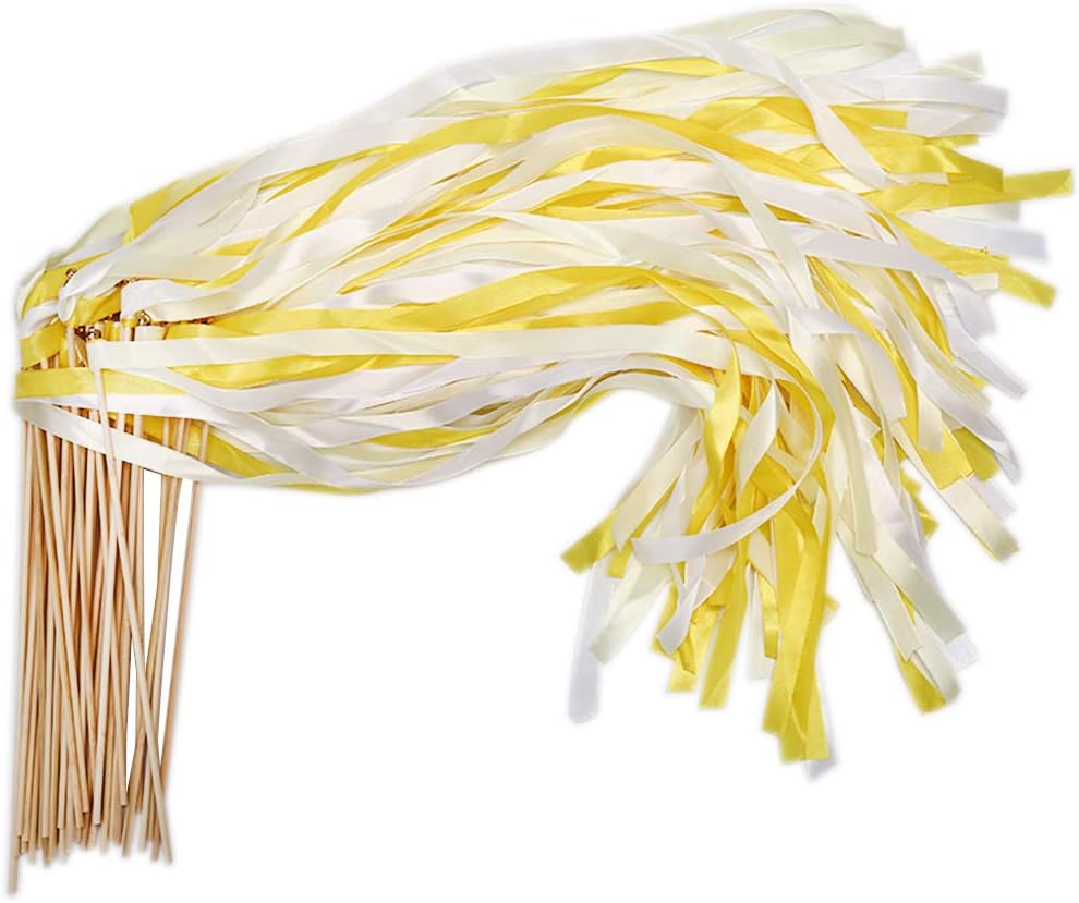 40 Pack Ribbon Stick Wands - MeiMeiDa Yellow Ribbon Fairy Wands with Bell and Smooth Wood Sticks, Chromatic Silk Waving Party Streamers for Wedding Best Wishes, Kids Birthday Props, Dance Party Favors