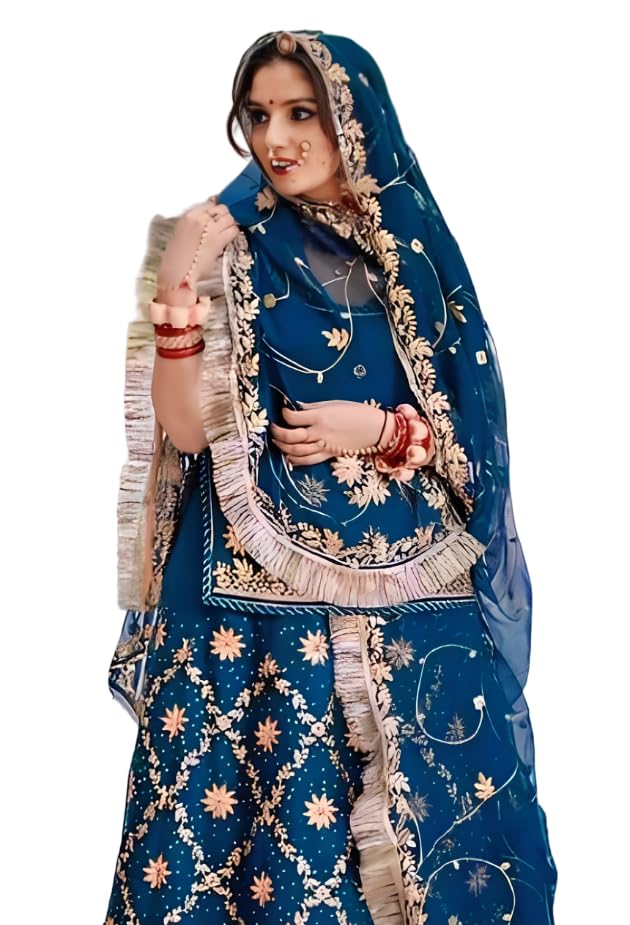 Image of Heavy Embroidery Work Semi Stitched Shimmer Silk Rajputi Poshak For Women Rajasthani Lehenga Choli