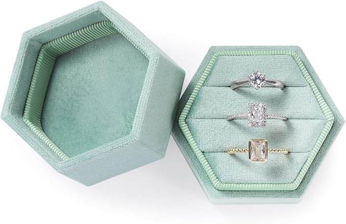 WantGor Velvet Jewelry Ring Box, 3 Slots Hexagon Ring Gift Box Vintage Ring Display Holder Case for Wedding Ceremony Proposal Engagement (Olive Green)