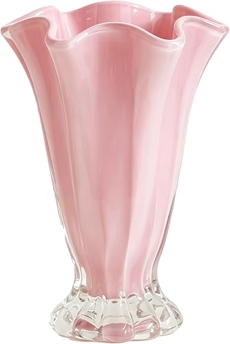 Ruffled Vase Display with Wavy Rim, Hand Blown Glass Vase for Flowers, Blown Glass Decor Centerpiece with Ribbed Panels for Tabletop Shelf Mantel Home Decor (Pink)