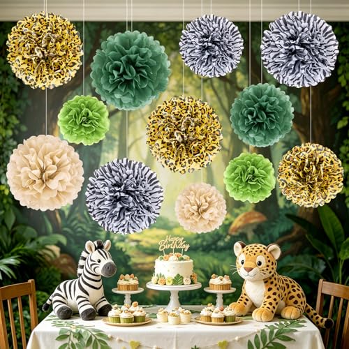 Image of Easy Joy Jungle Safari Party Tissue Pompom Wild Animal Leopard Zebra Print Decor Sage Green Paper Decoration Wall Hanging Paper Flower 12pcs for Wild Kid's Birthday Baby Shower Classroom Wall