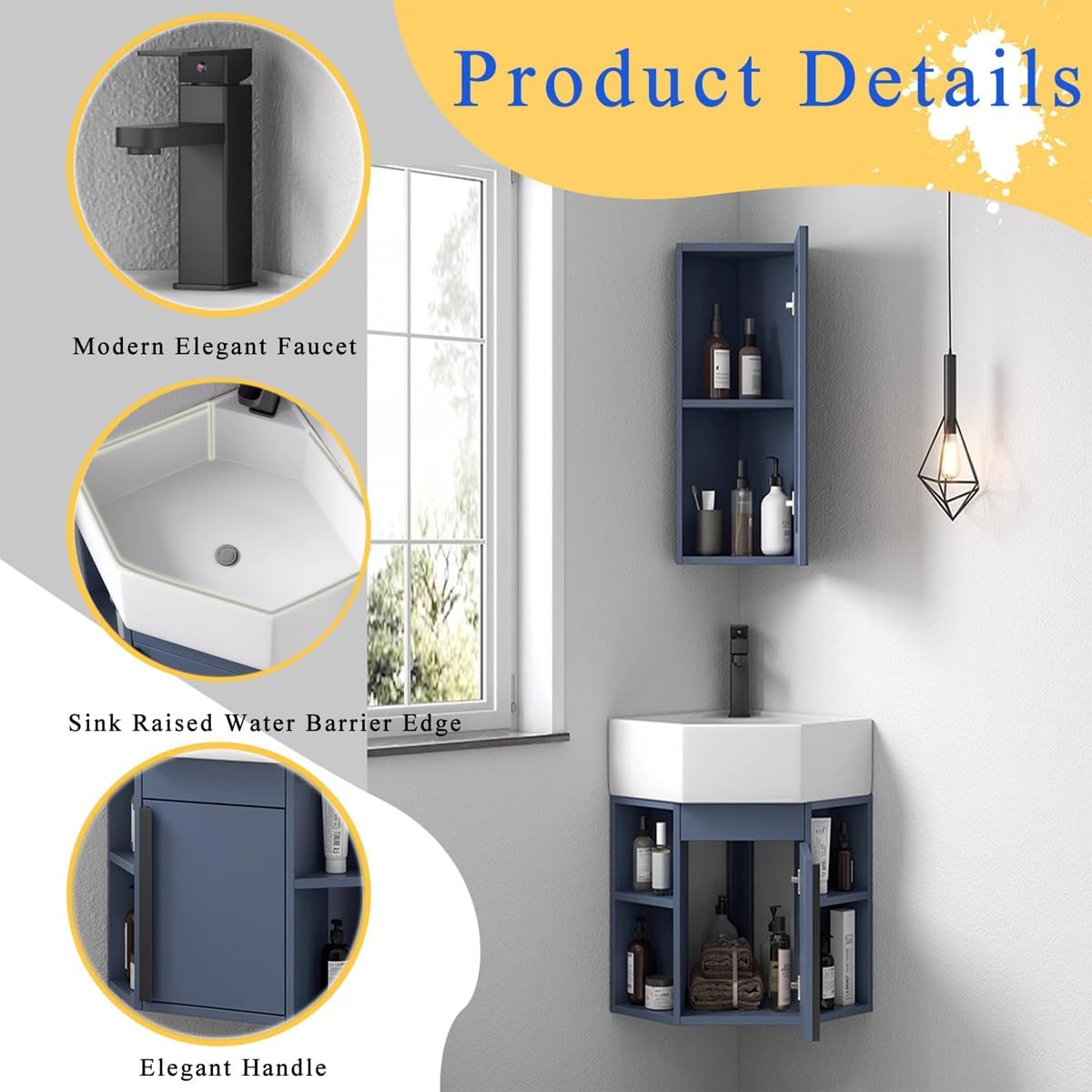 Small Corner Bathroom Vanity, Vessel Cabinet Sink Combo, Wall Mount Triangle Ceramic Counter Sinks,for Small Cloakroom, Space-Saving Design(Sink+Mirror Cabinet Package)