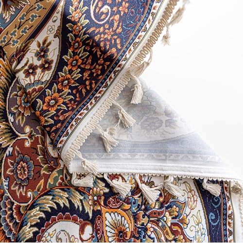 Image of Blue Brown Medallion Curtains 96 Inches Long, Vintage Paisley Boho Farmhouse Light Filtering Rod Pocket Drapes with Tassel Trim for Bedroom Living Room, 2 Panels
