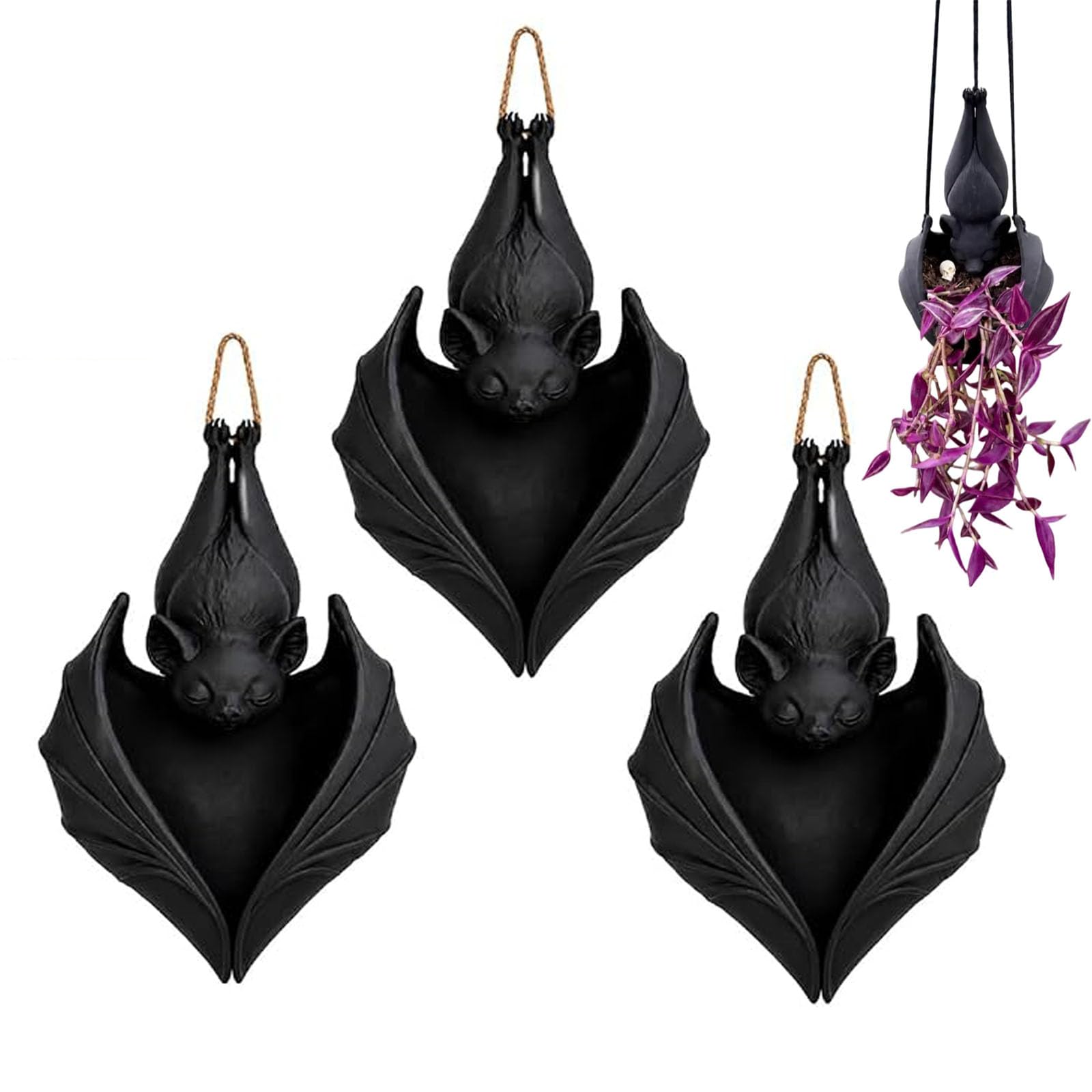 Yacriso Hanging Bat Plant Pot, 3D Printed Gothic Bat Shaped (3pcs)