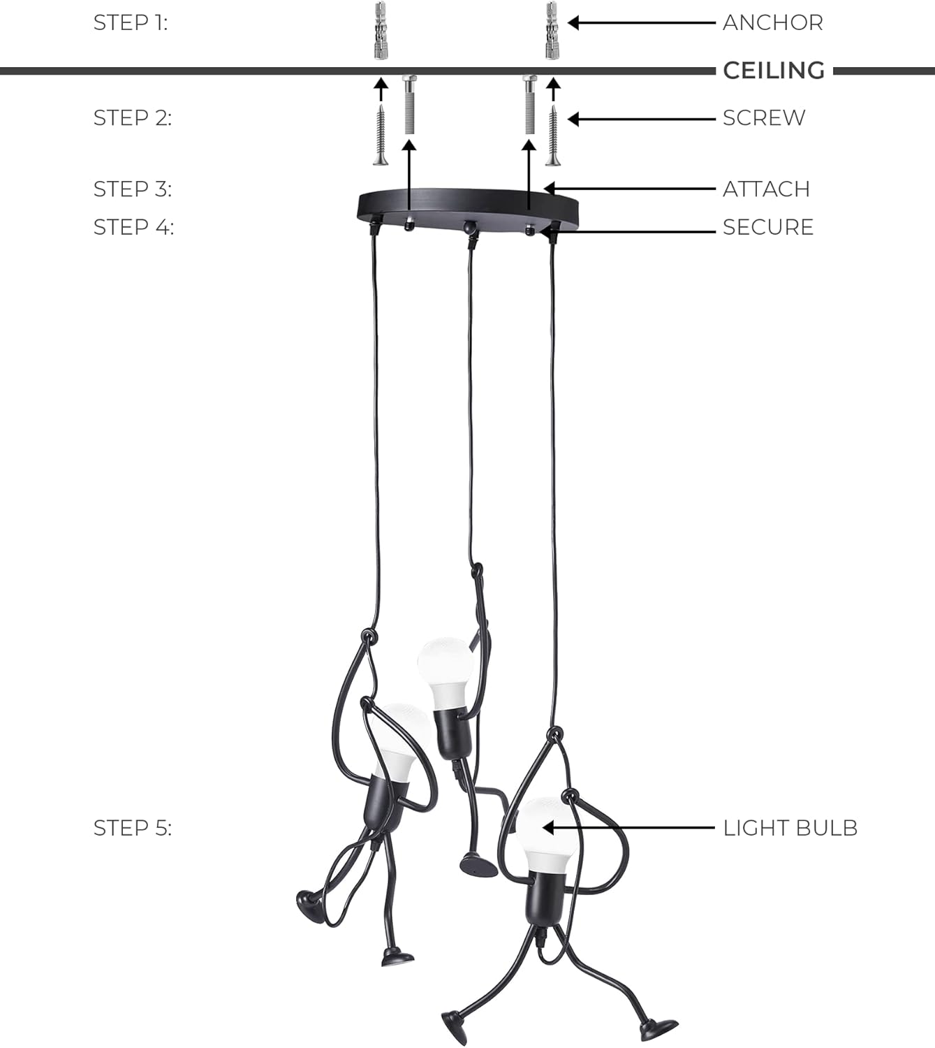 Hanging Man Pendant Light, Swinging Humanoid Fixture, Ceiling, 3-Light Mount Modern Black Industrial Lamp, Stick Figure Lighting Chandelier Kitchen, Hallwa, Bedroom, Dining Room, Entryway 47" H, Gift