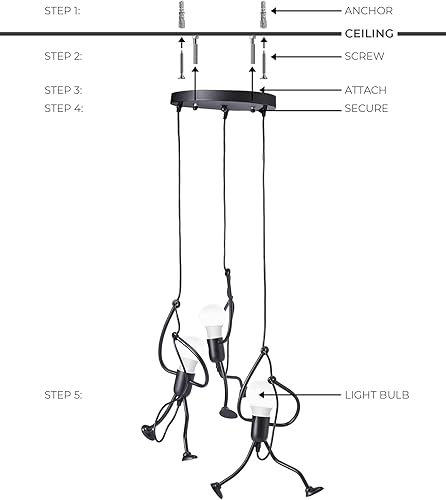 Miniatura 7 de Lámpara colgante de hombre colgante, accesorio humanoide oscilante, techo, lámpara industrial negra moderna de montaje de 3 luces, figura de palo de