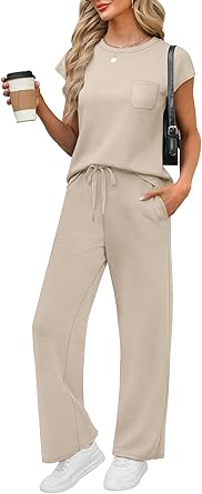 WIHOLL 2 Piece Sets for Women Casual Summer Travel Vacation Outfits Cap Sleeve Lounge Set