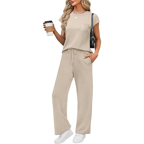 WIHOLL 2 Piece Sets for Women Casual Summer Travel Vacation Outfits Cap Sleeve Lounge Set